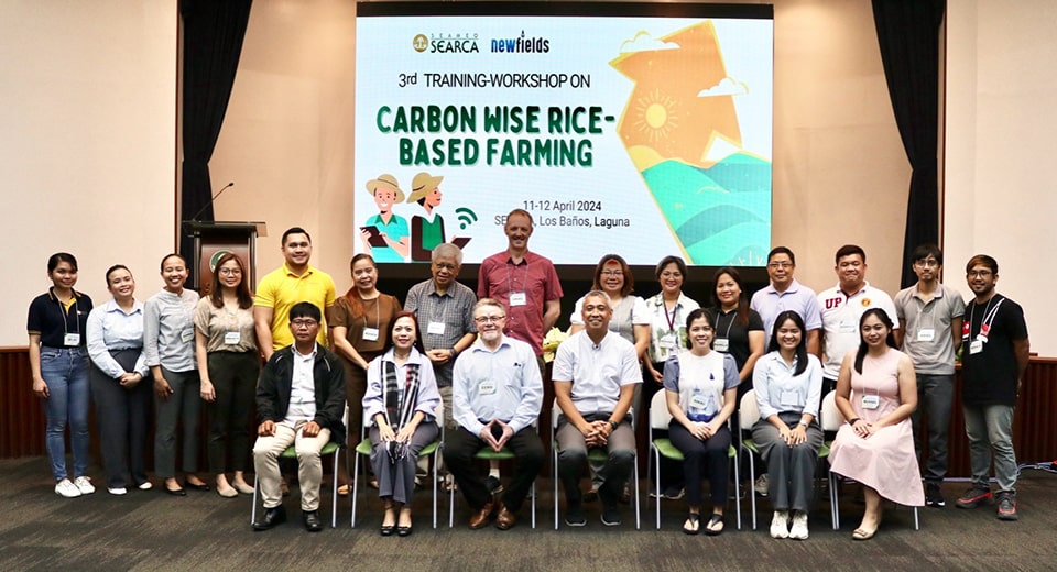 Participants and facilitators, alongside Atty. Eric Reynoso, head, SEARCA's Emerging Innovation for Growth Department; and Dr. Eero Nissila, managing director of Newfields Consulting Ltd.