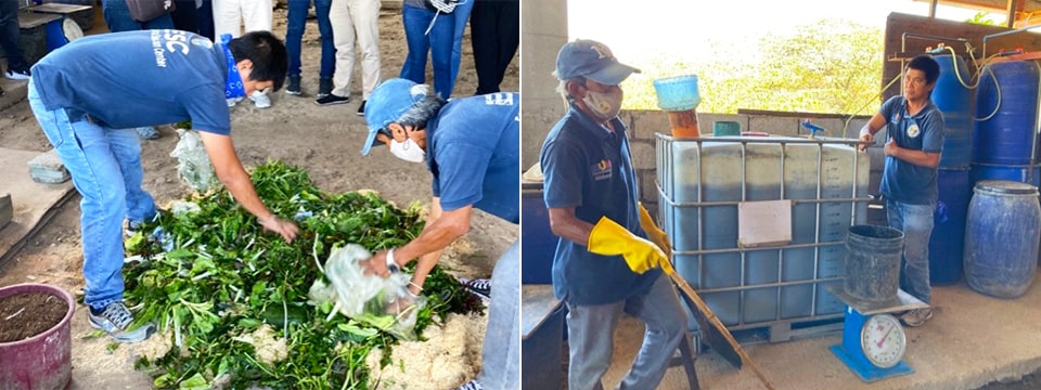 ESC staff demonstrated how they mix the scraps collected from the public market and households in Tunasan. Digestate samples are collected from the digesters to aid in the composting process.