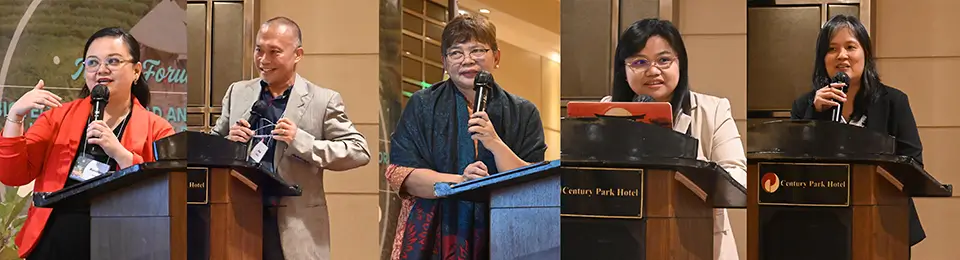Resource speakers at the media forum, namely, (from left) Ms. Kristine Tome of  ISAAA; Mr. Joy Bartolome Duldulao, PhilRice Branch Director, Isabela Station and Co-lead, PhilRice Healthier Rice Program; Dr. Lourdes Taylo of the UPLB Institute of Plant Breeding Scientist; Dr. Clarisse Gonzalvo of the UPLB College of Development Communication, share updates on biotechnology research and crop innovation. Ms. Jenny Panopio of CropLife Philippines (rightmost) served as the plenary session moderator.