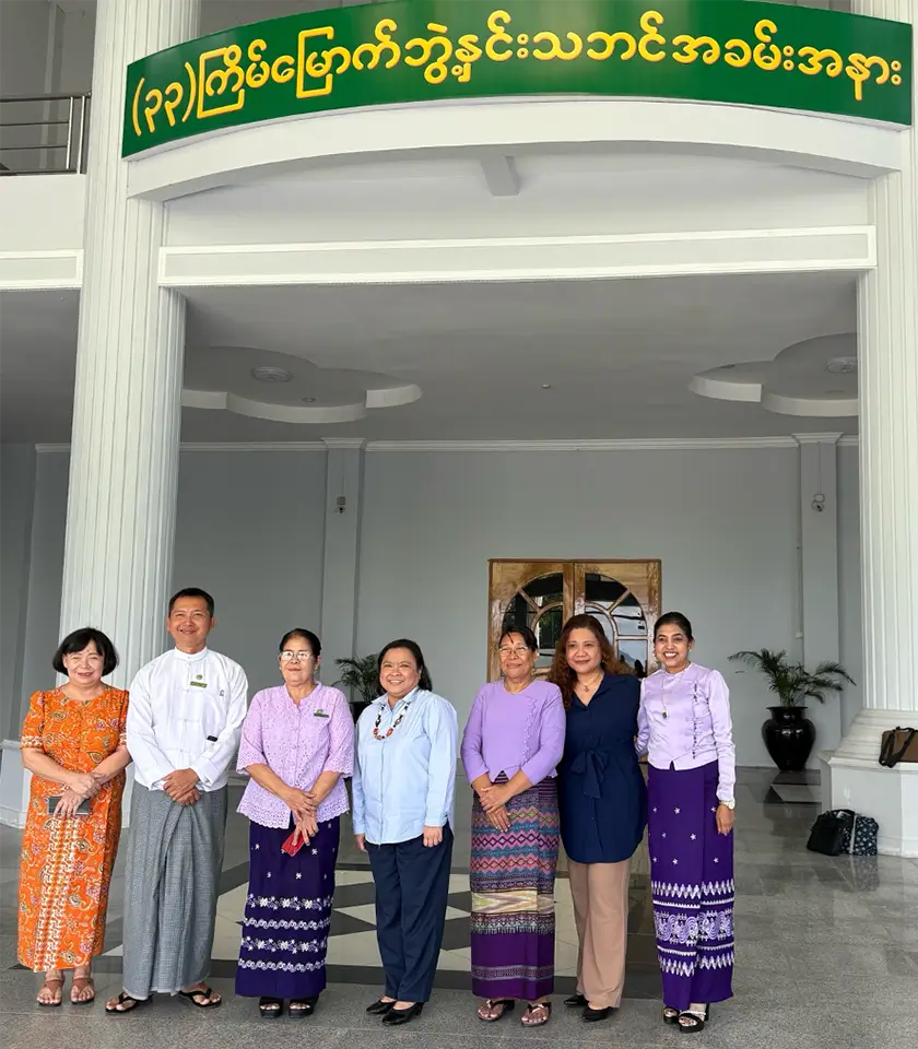 From left: Dr. Hnin Yu Lwin, Director, Department of International Relations, YAU; Dr. Saw Hto Lwe Htoo, YAU Pro Rector (Academic) and SEARCA Scholarship Alumnus; Dr. Theingi Myint, YAU Rector; Dr. Maria Cristeta Cuaresma of SEARCA, Dr. Tin Aye Aye Naing, YAU Pro Rector (Admin); Ms. Blessie Saez of SEARCA; and Dr. Myint Thu Zar, Professor, Department of Plant Breeding, Physiology and Ecology, YAU and SEARCA Scholarship Alumna