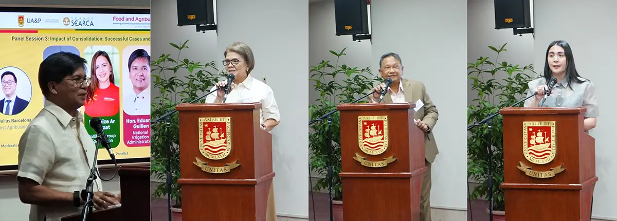 Panelists (from left) Administrator Eduardo Eddie Guillen, Ms. Lourdes Bambalan, Mr. Roberto Alingog, and Ms. Ma Laize Ar Cruzat highlight technology-enabled, trust-based approaches to empower smallholders and strengthen value chains.