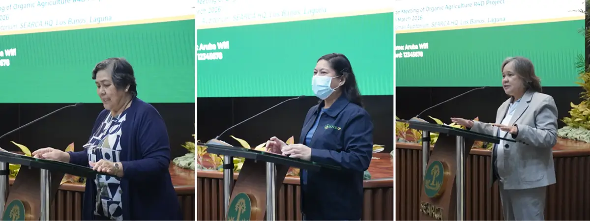 From left Dr. Mercedita Sombilla, SEARCA Center Director; Ms. Kris Thea Marie Hernandez, DA-BAR Senior Agriculturist; and Ms. Bernadette San Juan, NOAP Director, deliver their messages of support for the project.