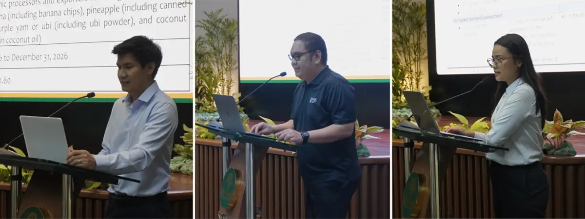 From left: Mr. Rowell Dikitanan, Head of SEARCA’s Project Development and Technical Unit, and Dr. Bates Bathan, Agricultural Economist, present the project’s scope, while Ms. Ma. Christina Corales, SEARCA’s Program Specialist, presents the key agreements and action points of the study
