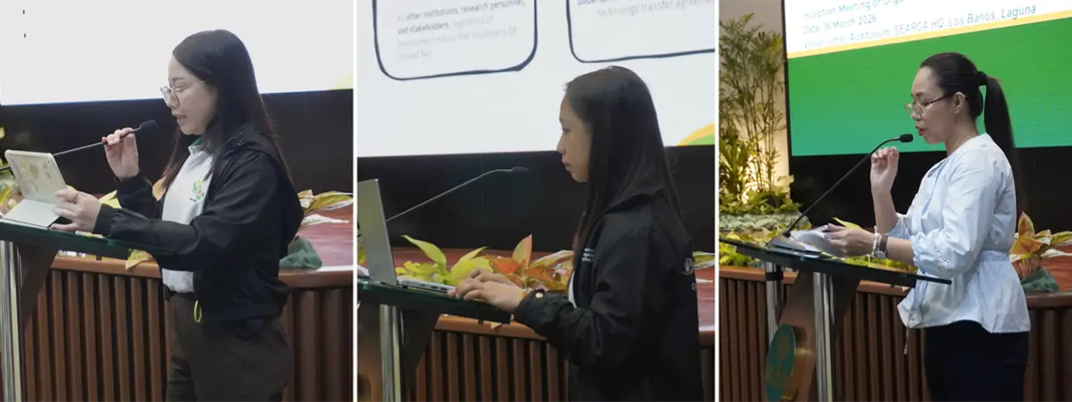 From left: DA-BAR representatives Jusmine Maun and Marla Metiam discuss the monitoring and evaluation guidelines and research ethics, while SEARCA Project Coordinator Abby Grace Bermejo presents the synthesis of the meeting