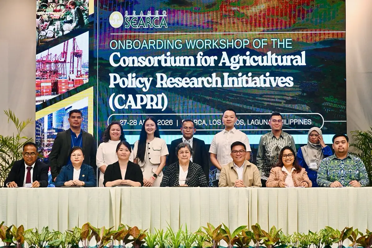 SEARCA Center Director Dr. Mercedita Sombilla (center) with representatives of CAPRI’s founding member institutions and delegates from prospective member institutions.