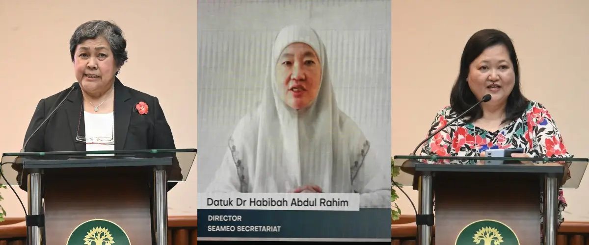 Dr. Mercedita  Sombilla of SEARCA, Datuk Dr. Habibah Abdul Rahim of SEAMEO, and Ms. Ma. Ella Cecilia  Obligado of DA Region IV-A emphasize the need for evidence-based, regionally coordinated solutions to Southeast Asia's agricultural challenges.