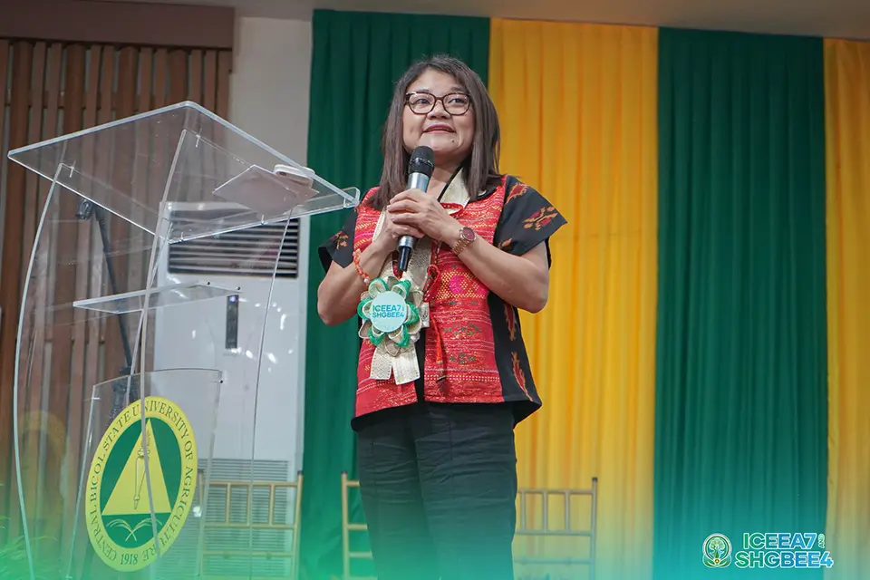 Dr. Noralene Uy, DENR Assistant Secretary for Policy, Planning, International Affairs and Climate Change, delivers the keynote message. (Photo courtesy of CBSUA.)