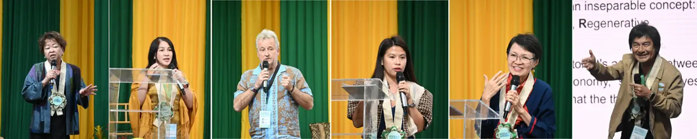Plenary Session 1 speakers (from left) Dr. Maria Antonia Tuazon of FAO, Dr. Gerlie Tatlonghari of SEARCA, Dr. Danny Hunter of the Alliance of Bioversity International and CIAT, Ms. Susan del Rio of IIRR, and Dr. Blesilda Calub of SEARCA and UPOU share their insights on 'Linking Gardens, Communities, and Biodiversity for Sustainable and Resilient Food Systems,' with Ms. Rochella Lapitan of SEARCA serving as session moderator.