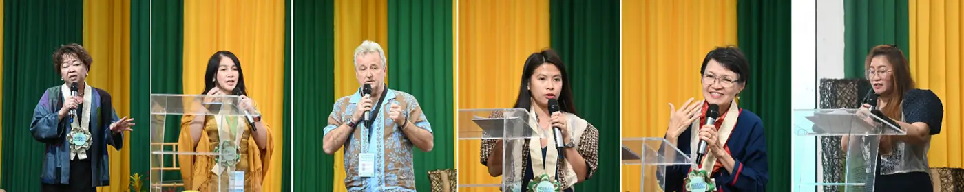 Plenary Session 1 speakers (from left) Dr. Maria Antonia Tuazon of FAO, Dr. Gerlie Tatlonghari of SEARCA, Dr. Danny Hunter of the Alliance of Bioversity International and CIAT, Ms. Susan del Rio of IIRR, and Dr. Blesilda Calub of SEARCA and UPOU share their insights on 'Linking Gardens, Communities, and Biodiversity for Sustainable and Resilient Food Systems,' with Ms. Rochella Lapitan of SEARCA serving as session moderator.