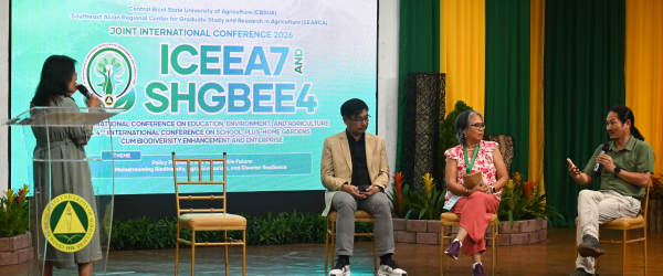Plenary Session 4 participants (from left) Ms. Mia Bella Fresnido of CBSUA, Dr. Hermogenes Paguia of the Philippine Association of Extension Program Implementors, Inc.), Dr. Leticia Afuang ofUPLB, and Mr. Antonio  Linsangan III of Coron Natural Farms discuss 'Policy Pathways for Sustainable Futures: Harnessing Agritourism and Ecotourism for Climate-Resilient Development,' with Ms. Fresnido serving as session chair.