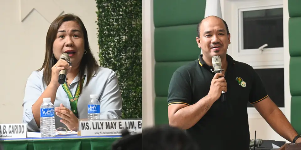 Ms. Lily Mae Lim (left) of PG-ENRO discusses Oriental Mindoro's GMO ordinances, while Engr. Franz Gerwen Cardano of DA-MIMAROPA cites their impact on agricultural support programs for corn farmers.