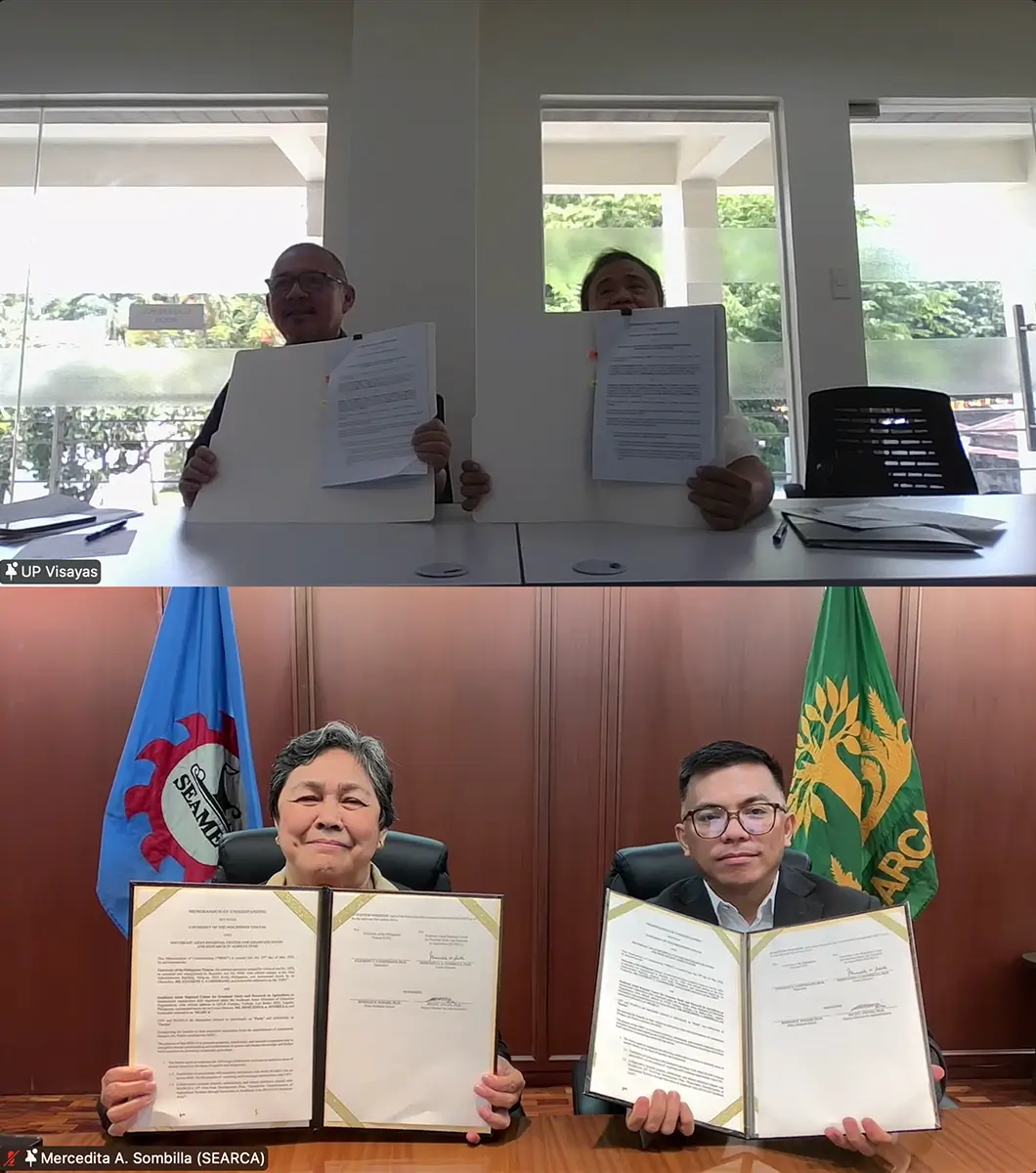 Top, from left: Dr. Clement Camposano, UPV Chancellor, and Dr. Rodelio Subade, UPV Graduate School Dean; Bottom, from left: Dr. Mercedita Sombilla, SEARCA Center Director, and Dr. Rico Ancog, SEARCA Deputy Director for Administration.