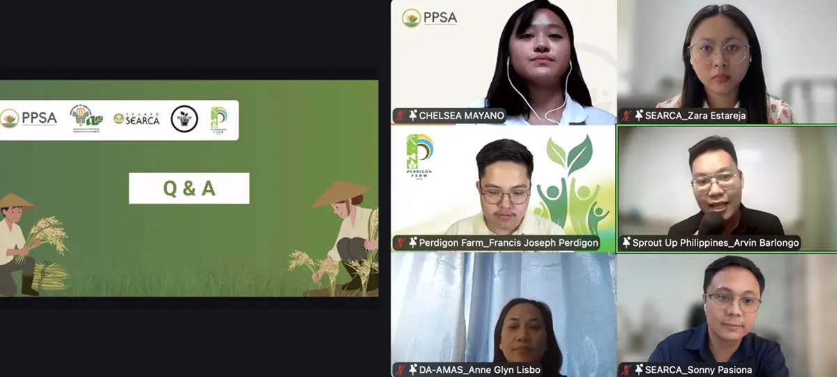 Ms. Zara Mae Estareja (top right), Senior Associate for Public Relations from the Partnerships Unit, and Mr. Sonny Pasiona (bottom right), Program Specialist from the Training for Development Unit, serve as resource speakers during the Philippine Partnership for Sustainable Agriculture’s (PPSA) Usapang Kabataan virtual learning session.