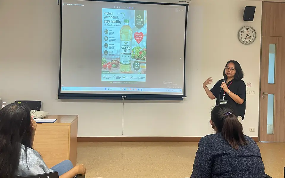 Dr. Alumbro volunteers to present a functional food concept developed prior to the training as part of a session on premium branding and market positioning, receiving valuable feedback from facilitators and fellow participants.