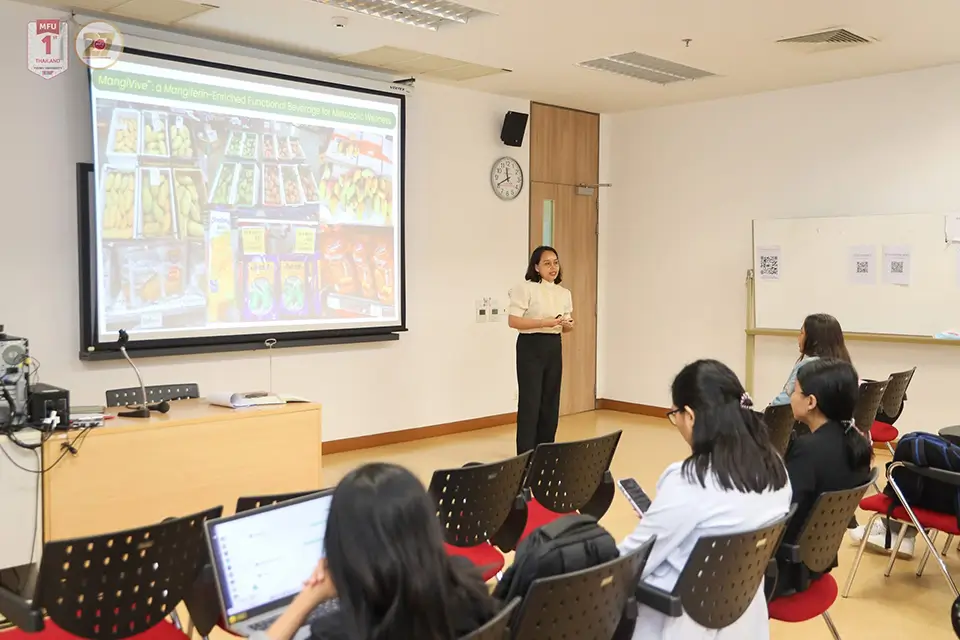 Inspired by the programme's lectures, laboratory sessions, and field visits, Dr. Jihan Santanina Santiago-Alumbro developed a concept focused on valorizing bioactive compounds from mango processing by-products into high-value functional food ingredients, reflecting the potential of circular bioeconomy approaches for the ASEAN region. Photo courtesy of Mae Fah Luang University.