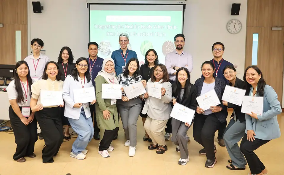 Participants from across Southeast Asia celebrate the successful completion of the Healthy Foods Training Programme, strengthening regional networks and fostering future collaborations in functional food research, innovation, and sustainable agricultural development.