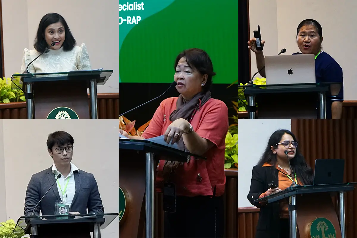 Counterclockwise from top left: Dr. Jennifer Marie S. Amparo of University of the Philippines Los Baños-College of Human Ecology (UPLB-CHE), (bottom left) Dr. Ti Kian Seow of Food and Agriculture Organization Regional Office for Asia and the Pacific (FAO-RAP), (center) Dr. Maria Antonia G. Tuazon of FAO-RAP, (bottom right) Dr. Vaishali Bansal of FAO-RAP, and (top right) Dr. Leila S. Africa of UPLB-CHE.