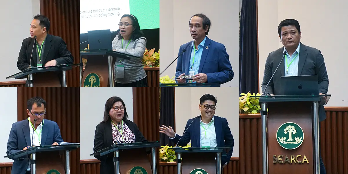 Clockwise from top left: Mr. Thitipong Srisombut from the Office of Agricultural Economics in Thailand, Dr. Marivic S. Samson from the National Nutrition Council - Department of Health Philippines, Dr. Dao The Anh from Vietnam Rural Development Science Association (PHANO), (larger photo) Mr. Ifan Martino from the Ministry of National Development Planning/BAPPENAS Indonesia, (from bottom left) Mr. Meas Vanna from the Council for Agricultural and Rural Development (CARD), Dr Maria Odete do Céu Guterres from the Ministry of Agriculture and Fisheries (MAF) Timor-Leste, and Mr. Alounxay Onta from the Ministry of Agriculture and Environment, Lao PDR.
