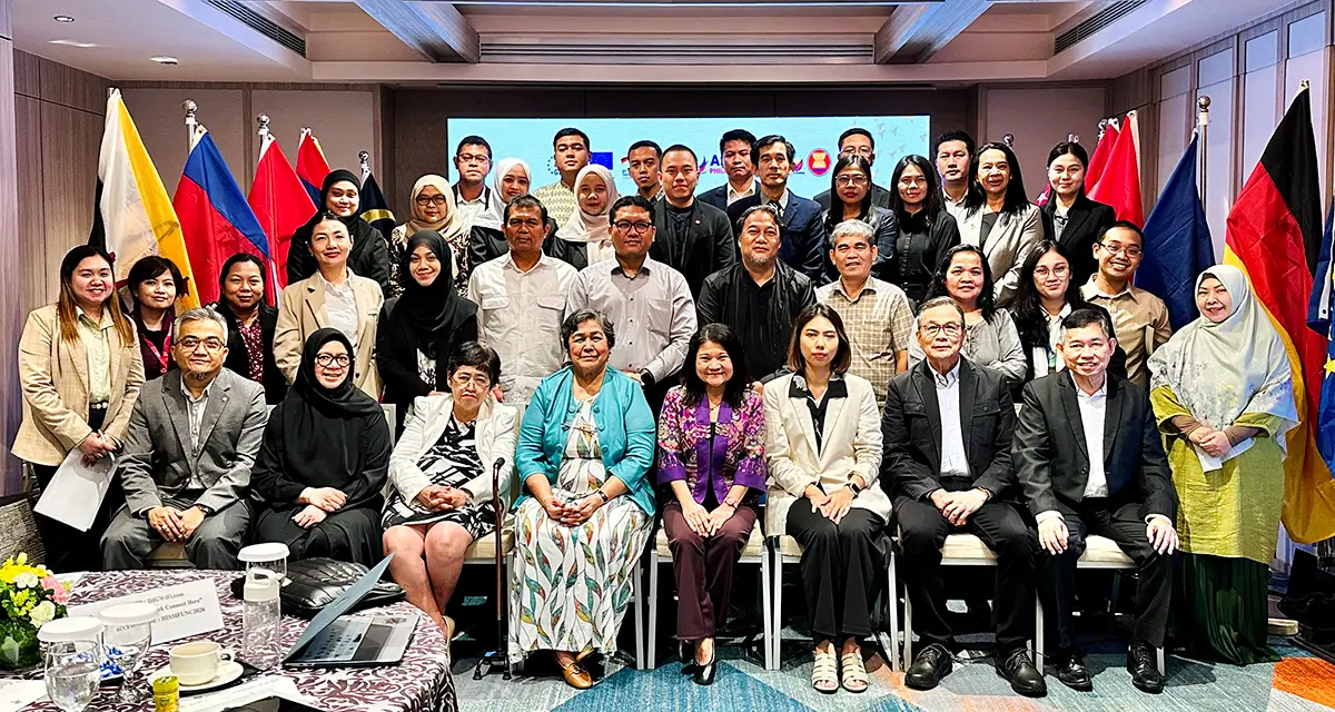 Regional validation workshop delegates and key partners gather for an official group photo. (Front row, from left) Mr. Dian Sukmajaya, Senior Officer of ASEAN Secretariat Food Agriculture and Forestry Division; Ms. Mardiah Hayati, Senior Officer of ASEAN Secretariat Environment Division; Dir. Elenida Basug, Director of DENR Climate Change Service Division; Dr. Mercedita Sombilla, SEARCA Center Director; Dr. Noralene Uy, DENR Assistant Secretary for Policy, Planning, International Affairs, and Climate Change; Ms. Ferosa Arsadita, GIZ Indonesia Climate Change Advisor; Dr. Rex Victor Cruz, SEARCA-LULUCF Project Team Leader; Dr. Juan Pulhin, SEARCA-LULUCF Project Climate Policy Expert; and key stakeholders and representatives from the ASEAN Member States and partners