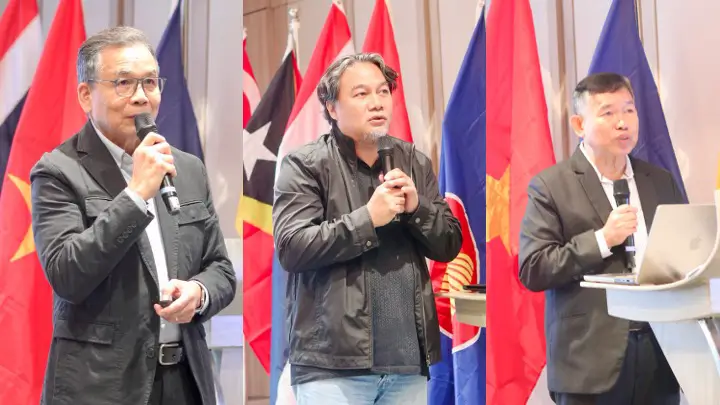 Technical sessions in progress. (From left) Dr. Rex Victor Cruz, Dr. Cristino Tiburan, Jr., and Dr. Juan Pulhin facilitate deliberations on regional baselines and policy integration.