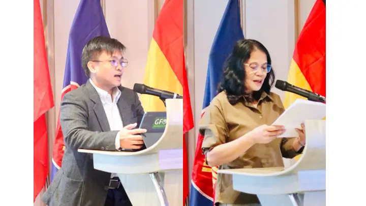 From left: Forester Larlyn Faith Aggabao of the DENR-Forest Management Bureau (FMB) and Forester Soledad Reyes of the Laguna Lake Development Authority (LLDA) present the Philippine case study, including key forestry and land use challenges in the Laguna de Bay Basin.
