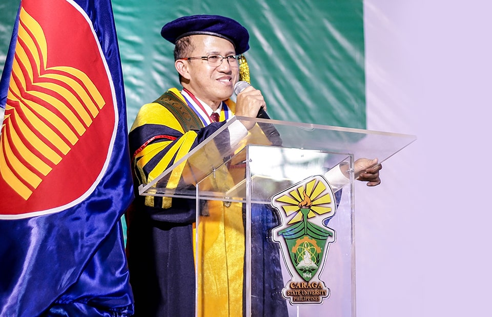 Dr. Glenn B. Gregorio, SEARCA Director, tells graduates of Caraga State University (CSU) 'Your future roles and contributions, whether in agriculture or in other fields, will be important to national development and in ensuring that our country is as competitive as our neighbors' at the CSU graduation rites held on 30 May 2019.