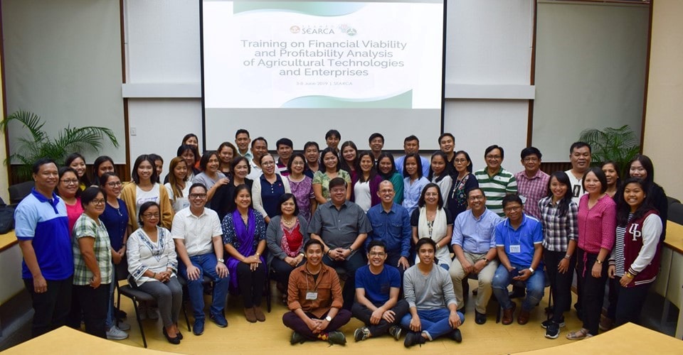 Third batch of trainees together with key personnel from DA-BAR led by Dr. Nicomedes P. Eleazar (seated, fifth from right), Director, with Dr. Glenn B. Gregorio (seated, fourth from right), SEARCA Director; Ms. Imelda L. Batangantang (sixth from right), Program Specialist under SEARCA Project Development and Technical Services (PDTS); and Project Team led by Dr. Corazon T. Aragon (seated, fourth from left), Project Leader, with Ms. Evelyn Juanillo (seated, third from left), Administrative Head of DA-BAR, and Prof. Bates M. Bathan (seated, second from left), Training Facilitator