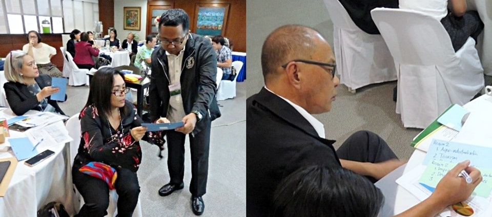 (Left picture) NEDA Region-X Regional Director Mylah Faye Carino discusses her answers with RRT Project Leader Dr. Arvin B. Vista. (Right picture) NEDA Region II Regional Director Dionisio Ledres, Jr. writes down Region 2’s priorities in the next five years.