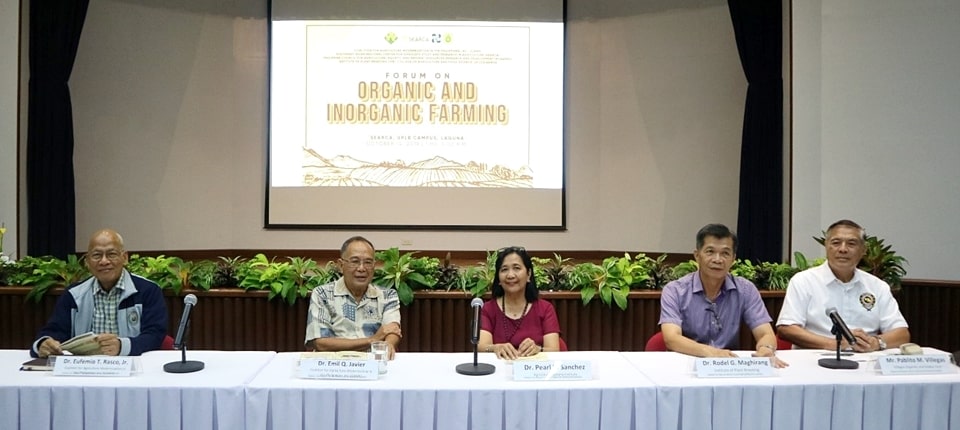The speakers during the forum (l-r): Dr. Eufemio T. Rasco, Jr., CAMP member; Dr. Emil Q. Javier, National Scientist and Chair of the CAMP Board of Trustees; Dr. Pearl B. Sanchez, Director, Agricultural Systems Institute, UPLB College of Agriculture and Food Science; Dr. Rodel G. Maghirang, Director, UPLB Institute of Plant Breeding; and Mr. Pablito M. Villegas, owner and entrepreneur, Villegas OrganiKs and Hobby Farm.