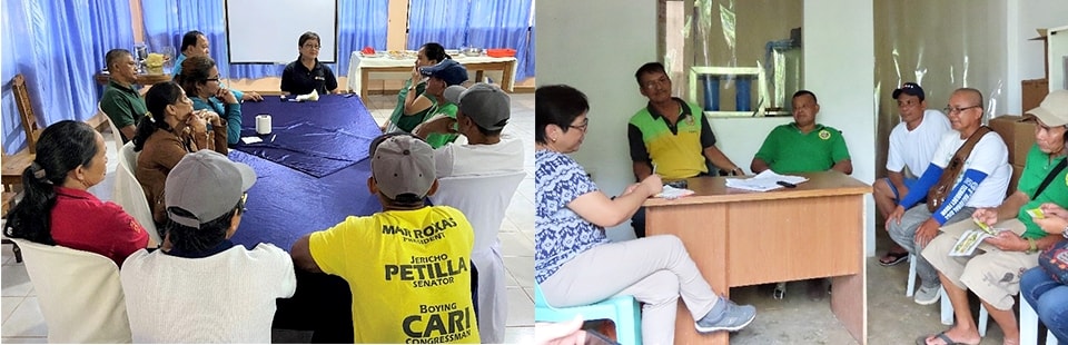 Dr. Lily Ann Lando, ISARD Guidebook Writer, interviewing the farmers groups in Inopacan Leyte (left) and Victoria, Oriental Mindoro (right).
