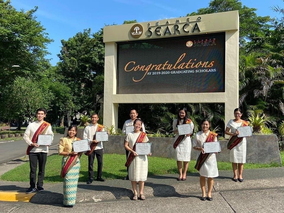 SEARCA graduating scholars for AY 2019-2020 in UPLB during the Testimonial Program (L-R; Back) Bordeesorn Phumrungruang, Myint Aye, Htein Linn, Yi Mon Thu, Kyu Kyu Thin; (L-R; Front) Ei Ei Thein, May Yee Kay Khine Sein, Theint Theint Aung.