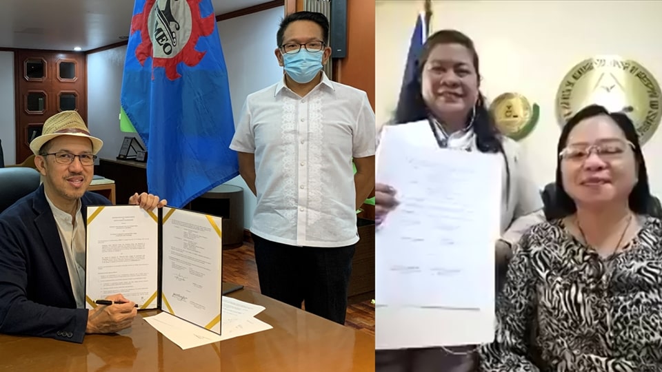 Dr. Glenn B. Gregorio (seated, left), SEARCA Director, and Dr. Renee A. Lamella (seated, right), DEBESMSCAT President, each holds a copy of the MOU between SEARCA and DEBESMSCAT that they signed in a virtual ceremony on 2 February 2021. Also in the photo are Mr. Joselito G. Florendo (standing, left), SEARCA Deputy Director for Administration, and Dr. Cynthia L. Dimayuga (standing, right), DEBESMSCAT Vice President for Academic Affairs, who signed as witnesses.