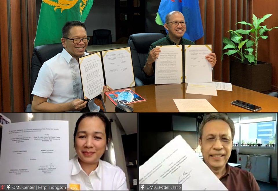 Clockwise from top, right: Dr. Glenn B. Gregorio, SEARCA Director; Dr. Rodel D. Lasco, OML Center Executive Director; Ms. Perpilili A. Tiongson, OML Center Associate Director; and Mr. Joselito G. Florendo, SEARCA Deputy Director for Administration, each hold a copy of the MOU between SEARCA and OML Center they signed in a virtual ceremony on 23 February 2021.