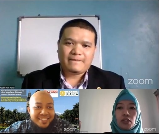 (Top) Dr. Nazmi Mat Nawi, guest lecturer from Universiti Putra Malaysia (Bottom, L-R) Dr. Dimas Firmanda Al Riza, Moderator of the lecture; and Dr. La Choviya Hawa, Department Chair of Agricultural Engineering, Universitas Brawijaya during the Annual Agricultural Engineering Lecture Series.