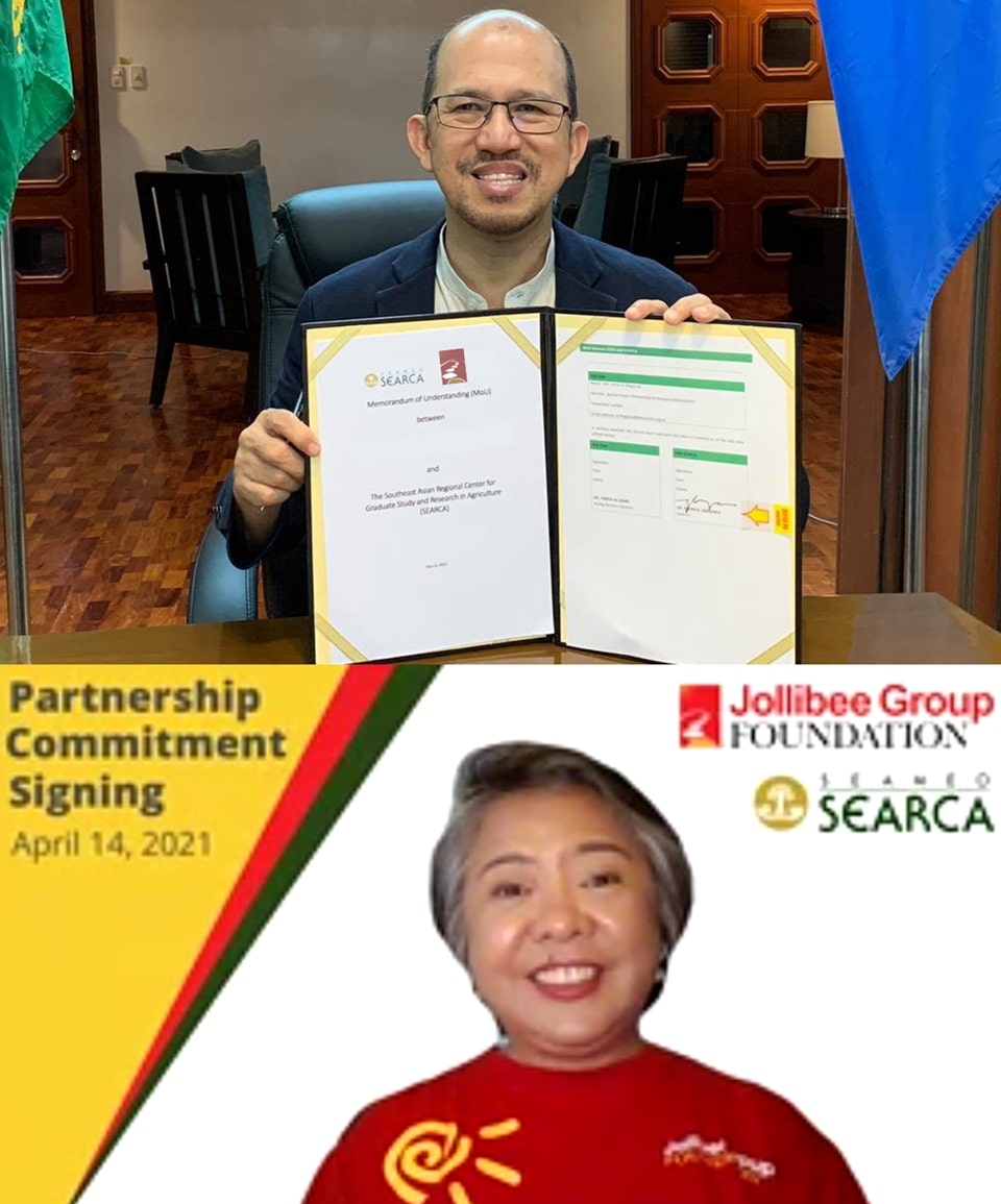 Dr. Glenn B. Gregorio (top), SEARCA Director, and Ms. Gisela Tiongson, JGF Executive Director, pose for a virtual photo opportunity.