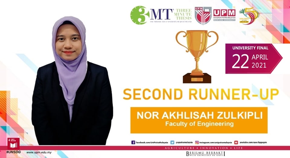 Nor Akhlisah won 2nd Runner-up for the university level 3MT competition which qualified her to join the national level competition in June 2021.
