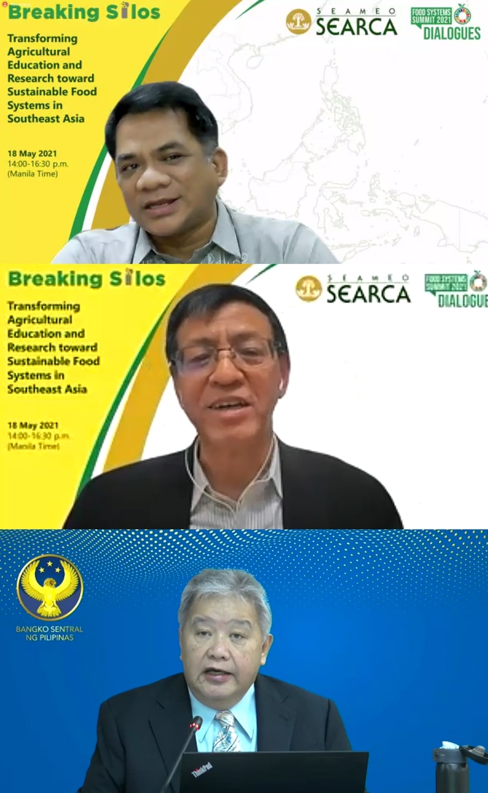 The facilitators of the Discussion Sessions (from the top) were Dr. Jose V. Camacho, Jr., Chancellor, University of the Philippines Los Baños; Dr. Shenggen Fan, Professor, China Agricultural University; and Dr. V. Bruce J. Tolentino, Private Sector Member, Monetary Board, Bangko Sentral ng Pilipinas.