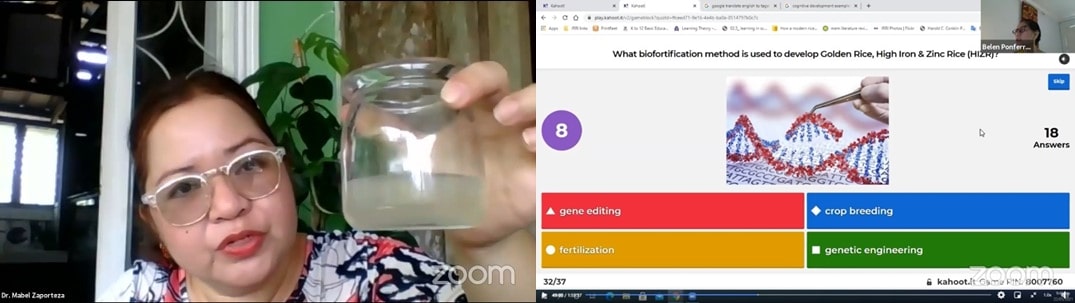 Participants took part in interactive activities during the online sessions. Dr. Maribel M. Zaporteza from UPLB led the DNA extraction exercise (left) while Ms. Belen Ponferrada Thirkell from IRRI facilitated a Kahoot game on biofortification for the students (right).