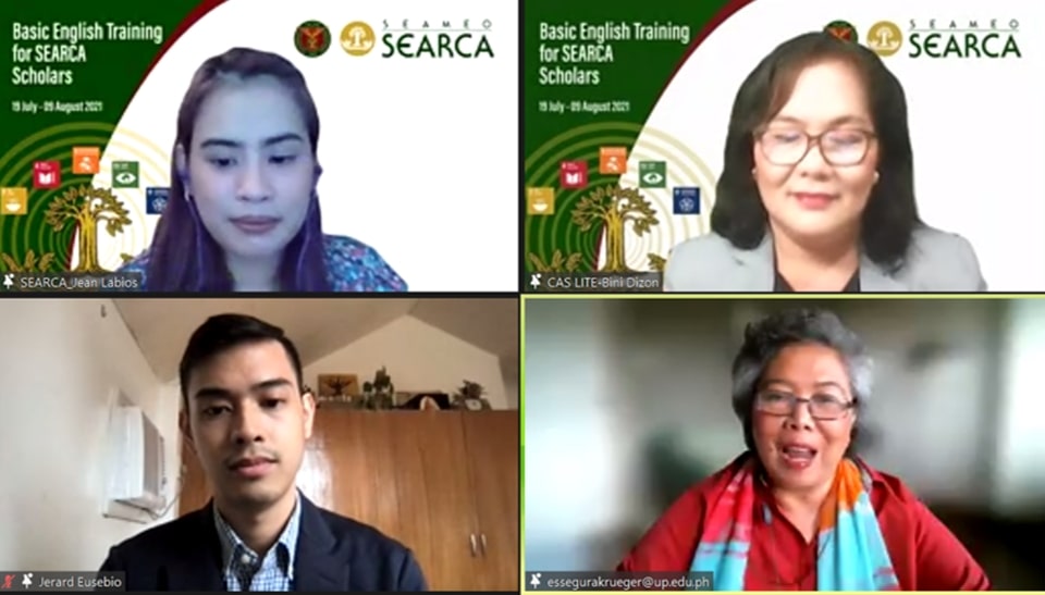 Ms. Jean Rebecca D. Labios (top left), Program Specialist from ECLD-Training for Development Unit (T4DU), introduces the LITE tutors of incoming SEARCA scholars from 19 July 2021 to 9 August 2021 (clockwise from top right): Dr. Mabini DG. Dizon, Former LITE Coordinator and Basic Grammar and Writing Tutor; Assistant Professor Elizabeth S. Krueger, Pronunciation Improvement and Presentation Skills Training Tutor; and Assistant Professor Jerard Ancel D. Eusebio, LITE Program Assistant Coordinator for Special Projects and Reading, Conversations, and Vocabulary Enrichment Tutor.