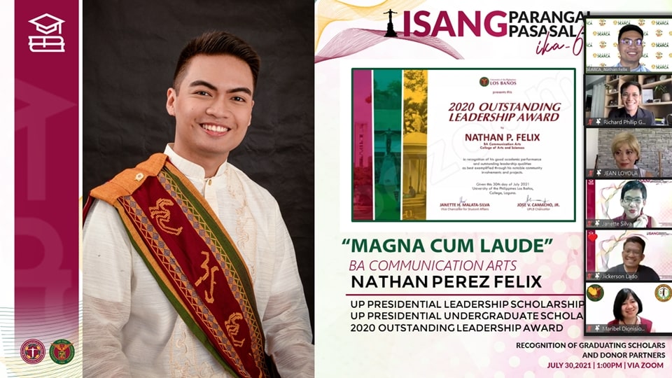 Mr. Felix receives the UPLB Outstanding Leadership Award from UP officials (top to bottom, right side): Professor Richard Phillip A. Gonzalo, UP System Assistant Vice President for Academic Affairs (Student Affairs) and Director of the Office of Student Financial Assistance; Dr. Jean O. Loyola, UPLB Vice Chancellor for Academic Affairs; Dr. Janette H. Malata-Silva, UPLB Vice Chancellor for Student Affairs; Professor Jickerson P. Lado, UPLB Director of the Office of Scholarship and Grants; and Dr. Maribel L. Dionisio-Sese, Dean of the UPLB College of Arts and Sciences.