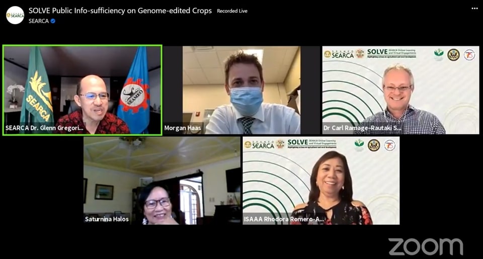 SEARCA Director, Dr. Glenn B. Gregorio giving his closing message during the webinar. Also joining him is the Agricultural Counselor of the USDA Foreign Agricultural Service, Mr. Morgan Haas; Dr. Ramage; Dr. Halos; and Dr. Rhodora R. Aldemita, Director of ISAAA’s Southeast Asia Center.