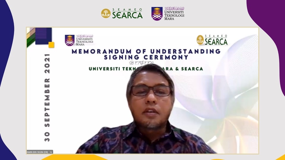Prof. Dr. Yasin, welcomes both participants from SEARCA and UiTM in the virtual signing ceremony.