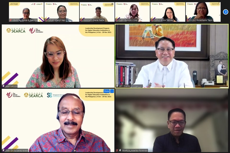 Photo featuring the discussion with UP President Danilo Concepcion.Top L-R: Ms. Jean Labios, ECLD-T4DU Program Specialist, and UP President Concepcion. Bottom L-R: Dr. Varaprasad, and Prof. Joselito Florendo, SEARCA Deputy Director for Administration.