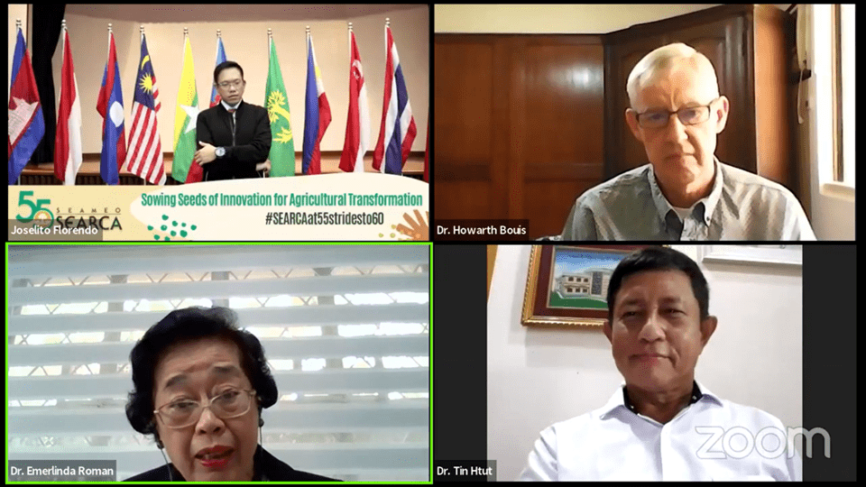 (Clockwise, Top-R) Prof. Joselito G. Florendo (Moderator); Dr. Howarth Bouis, Emeritus Fellow, IFPRI and Founding Director, HarvestPlus; Dr. Tin Htut, Retired Permanent Secretary, Ministry of Ministry of Agriculture, Livestock, and Irrigation (MOALI), Myanmar; and Dr. Emerlinda R. Roman, Professor Emeritus and Former President, University of the Philippines. 