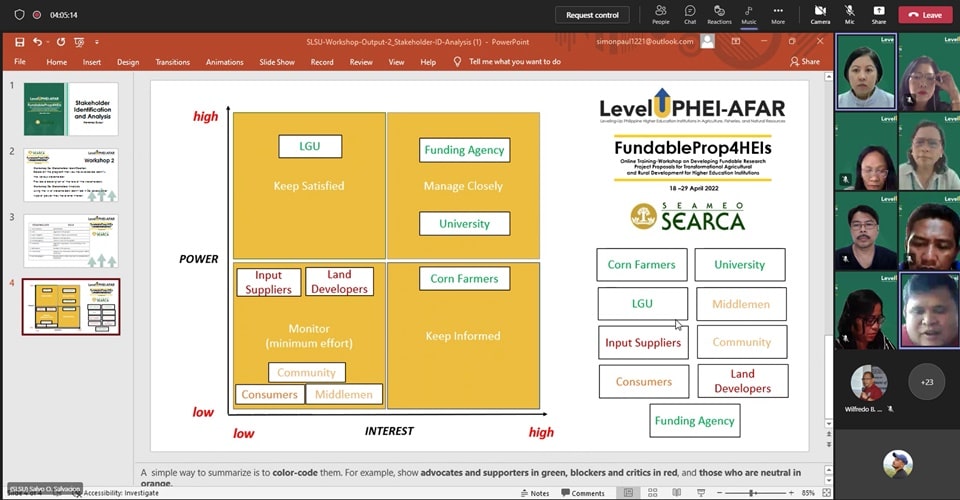 Mr. Salvo O. Salvacion of the Southern Luzon State University presents their school's output for the workshop on stakeholder identification and analysis.