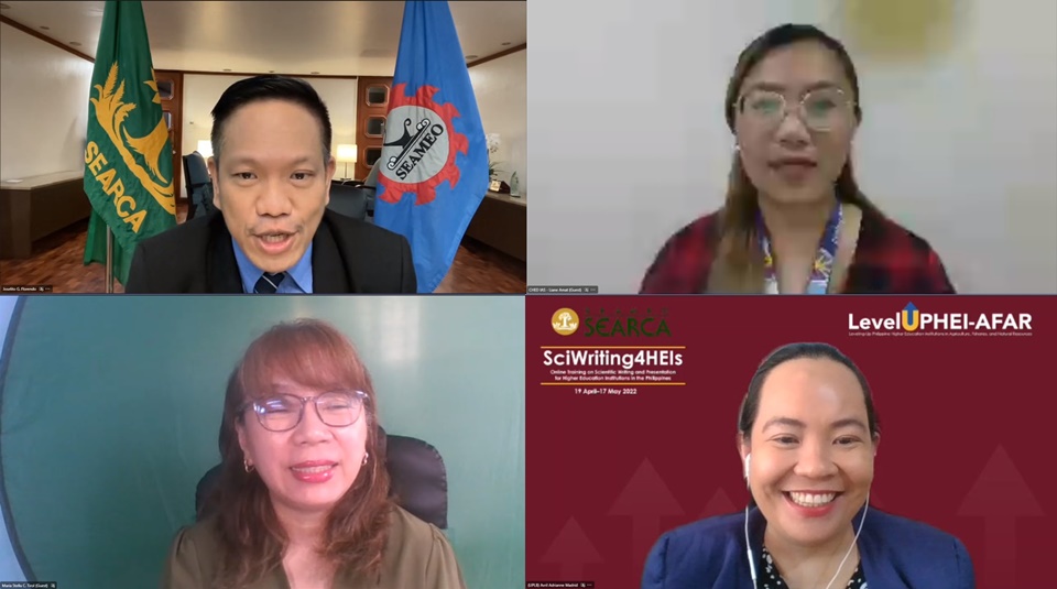 Clockwise: SEARCA Deputy Director Joselito G. Florendo, Ms. Maika Ela Aviso-Baguio of CHED-IAS, UPLB-CDC Dean Ma. Stella C. Tirol, and aProf. Avril Adrianne DG. Madrid.