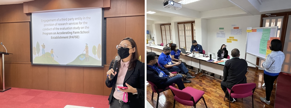 Left: Ms. Zarsadias, giving the overview of PAFSE project. Right: TESDA group during the breakout session in identifying the key activities, inputs, output and outcome of the PAFSE.
