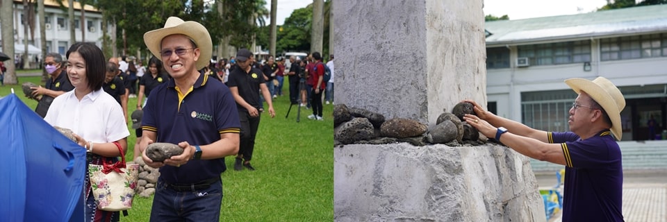 Dr. Gregorio joins in the casting of stones at the pedestal of the Oblation which were collected from the Molawin Creek.