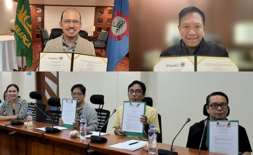 The MOU signing between SEARCA and CatSU was signed by (clockwise from top left) Dr. Glenn Gregorio, SEARCA Director; Assoc. Prof. Joselito Florendo, SEARCA Deputy Director for Administration; Dr. Patrick Alain Azanza, CatSU President; Dr. Ramon Felipe Sarmiento, CatSU Vice President for Research, Extension and Production Affairs; and Dr. Lily Custodio, CatSU Vice President for Academic Affairs.