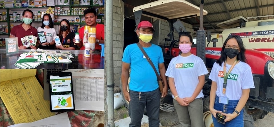 GoEden team led by Julieane Lacsina (left-most on left photo; middle of right photo) works  with agri-supply store and cooperative to digitize inventory and machine rental services
